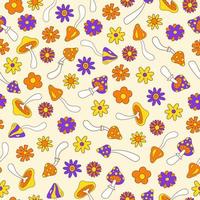 Retro groovy seamless pattern with flowers and mushrooms on a light background. Vector illustration in style hippie 70s, 80s