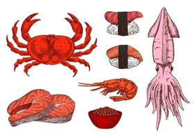 Fresh fish, crustaceans, caviar and sushi sketches vector