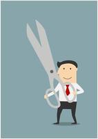 Businessman with a large pair of sharp scissors vector