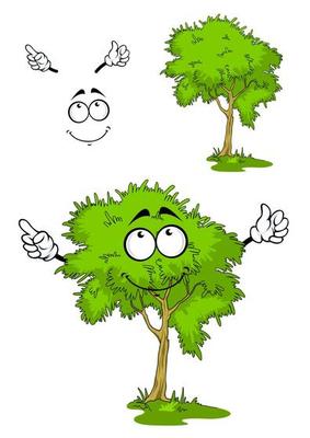 Cartoon green tree on grass