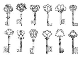 Vintage sketches of antique keys vector