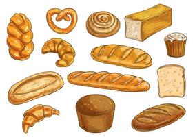 Tipos de pan y objetos esbozados de panadería. vector