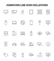 Computer technology concept. Line icon set icluding computer, laptop, pc, mouse, router, tablet, speaker, flash card, cd, web camera, mobile phone, joystick etc vector