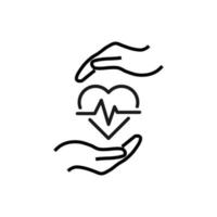 Support and gift signs. Minimalistic isolated vector image for web sites, shops, stores, adverts. Editable stroke. Vector line icon of pulse inside of heart between outstretched hands