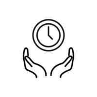 Support, present and charity concept. Modern vector sign drawn with black thin line. Editable stroke. Vector line icon of clock over outstretched hands