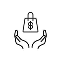 Support, present and charity concept. Modern vector sign drawn with black thin line. Editable stroke. Vector line icon of money bag over outstretched hands