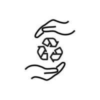 Support and gift signs. Minimalistic isolated vector image for web sites, shops, stores, adverts. Editable stroke. Vector line icon of recycle sign between outstretched hands