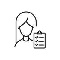 Profession, occupation, hobby of woman. Outline sign drawn with black thin line. Editable stroke. Vector monochrome line icon of contract by female