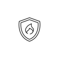 Shield, armor, protection sign. Minimalistic vector symbol drawn with black thin line. Suitable for adverts, stores, shops, books. Line icon of fire inside of armor or shield