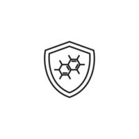 Shield, armor, protection sign. Minimalistic vector symbol drawn with black thin line. Suitable for adverts, stores, shops, books. Line icon of chemical compound inside of armor or shield