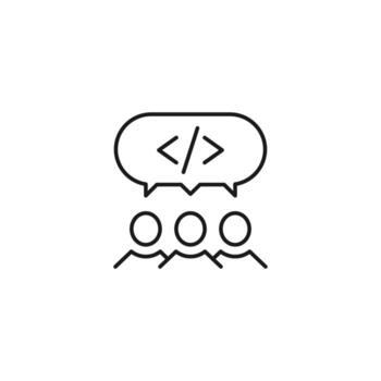 People, staff, speech bubble concept. Vector line icon for web sites, stores, online courses etc. Sign of program code inside of speech bubble over group of people