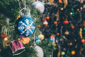 Decorated Christmas tree with colorful bauble on sparkling bokeh light blurred background photo