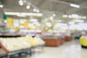 Supermarket with fresh food abstract blurred background with bokeh light photo