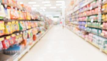 Abstract blur supermarket discount store aisle and product shelves interior defocused background photo