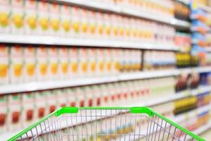Supermarket with fruit juice product shelves interior blur background with empty shopping cart photo