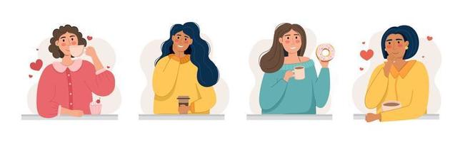 un grupo de chicas con una taza de café es un concepto de cafetería y amantes del café. ilustración vectorial en un estilo plano vector