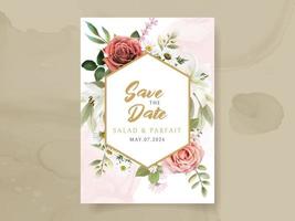 tarjeta de invitación de boda con hermosas flores rojas y blancas y hojas verdes acuarela vector