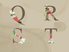 beautiful floral alphabet with red and white flowers and greenery leaves watercolor vector