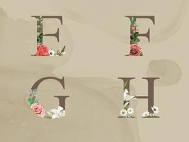 beautiful floral alphabet with red and white flowers and greenery leaves watercolor vector