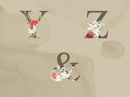 beautiful floral alphabet with red and white flowers and greenery leaves watercolor vector