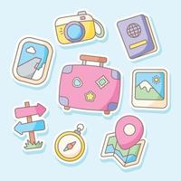 conjunto de pegatinas de viaje kawaii dibujadas a mano vector