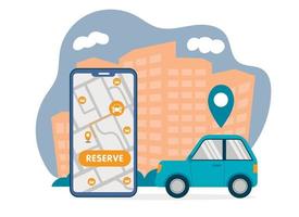 Simple car sharing illustration with big smartphone with free car search and reservation map and flat style pink car on city skyscrapers background vector