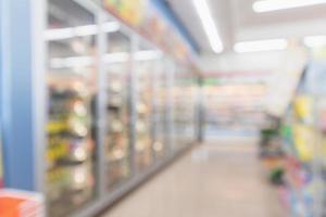 Abstract blur supermarket convenience store refrigerator aisle and product shelves interior defocused background photo