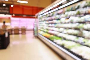 supermarket with organic fresh fruits and vegetable on grocery shelves defocused bokeh light background photo