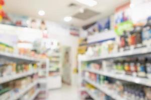 Pharmacy drugstore blur abstract background with medicine and vitamin product on shelves photo