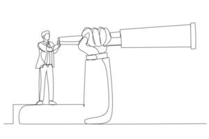 Illustration of businessman climbed onto the giant arm to vision the distance. One line art style vector