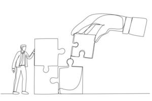 Drawing of giant hand connect last jigsaw puzzle to office businessman worker. Metaphor for team building, leadership, teamwork, business partner. Single line art style vector