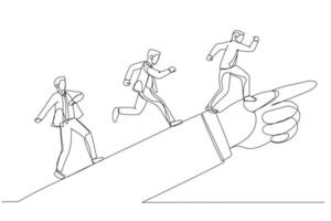 Illustration of businessman running forward looking for success in the way showed by giant hand of leader. Metaphor for directional leadership. One continuous line art style vector
