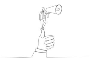 Drawing of businessman holding a megaphone standing on a huge thumb, metaphor for leader speech. Single line art style vector