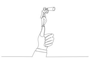 Cartoon of businessman standing on giant thumb using telescope to look into the distance. Single continuous line art style vector