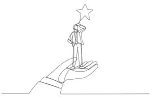 Cartoon of giant hand lifting up a businessman to the stars. Single continuous line art style vector