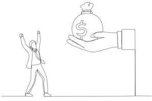 Drawing of giant boss hand giving stack of coins money to happy businessman. Metaphor for bonus money, salary or income increase. Single continuous line art vector