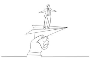 Cartoon of huge hand holding paper plane and take off with businessman. Continuous line art style vector