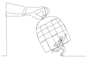 Drawing of giant hand capturing a running businessman with birdcage. Single line art style vector