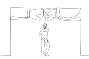 Illustration of businessman watching two giant fist clashed. One line art style vector