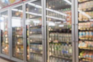 Abstract blur supermarket convenience store refrigerator aisle and product shelves interior defocused background photo
