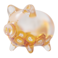 bitcoin btc sparschwein aus glas mit abnehmenden stapeln von kryptomünzen. einsparung von inflation, finanzkrise und verlust von geldkonzept 3d-illustration png