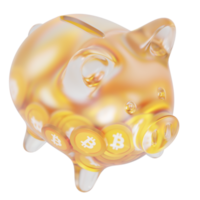 bitcoin btc sparschwein aus glas mit abnehmenden stapeln von kryptomünzen. einsparung von inflation, finanzkrise und verlust von geldkonzept 3d-illustration png