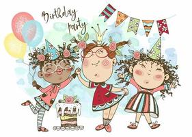 A birthday card. Birthday party. Funny girls in festive hats with balloons, flags and gifts celebrate their birthday. Vector.