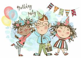 A birthday card. Birthday party. Cheerful children in festive caps with balloons, flags and gifts celebrate their birthday. Vector. vector