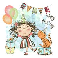 una tarjeta de cumpleaños para una niña. una linda chica con globos y un lindo gato están celebrando su cumpleaños. vector. vector