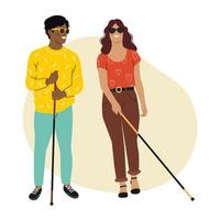 Multicultural special People in dark Glasses standing with a Cane. People with Disability, Diversity and Inclusion. Vector illustration.