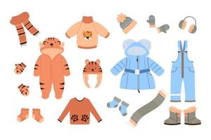 Set of Kids warm autumn and winter Clothes, Accessories. Children Clothes and Accessory for cold weather. Vector illustration.