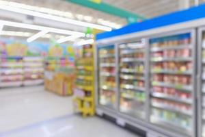 supermarket commercial refrigerators freezer showing frozen foods abstract blur background photo