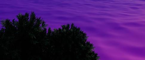 Evening purple sea with green trees background. Tropical landscape with glowing waves at 3d render sunset and lush vegetation. Colorful reflections of sunrise on natural oceanic beach photo