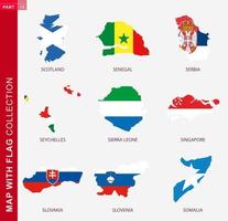 Map with flag collection, nine map contour with flag vector